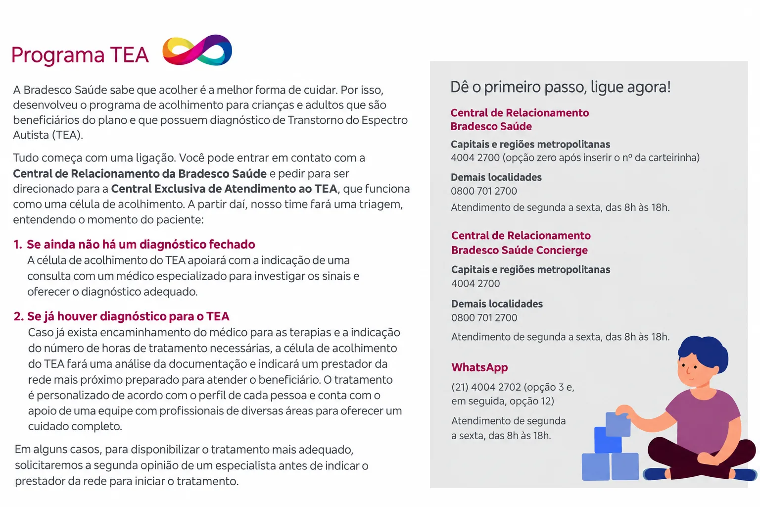 Informativo do Programa TEA da Bradesco Saúde, com orientações sobre a célula de acolhimento e canais de relacionamento.